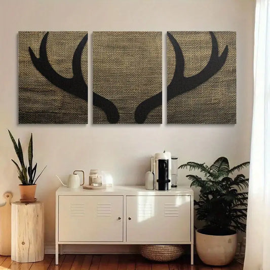3pcs Majestic Two-Pointed Antlers on Burlap Backdrop Metal Print Ready to Hang Art