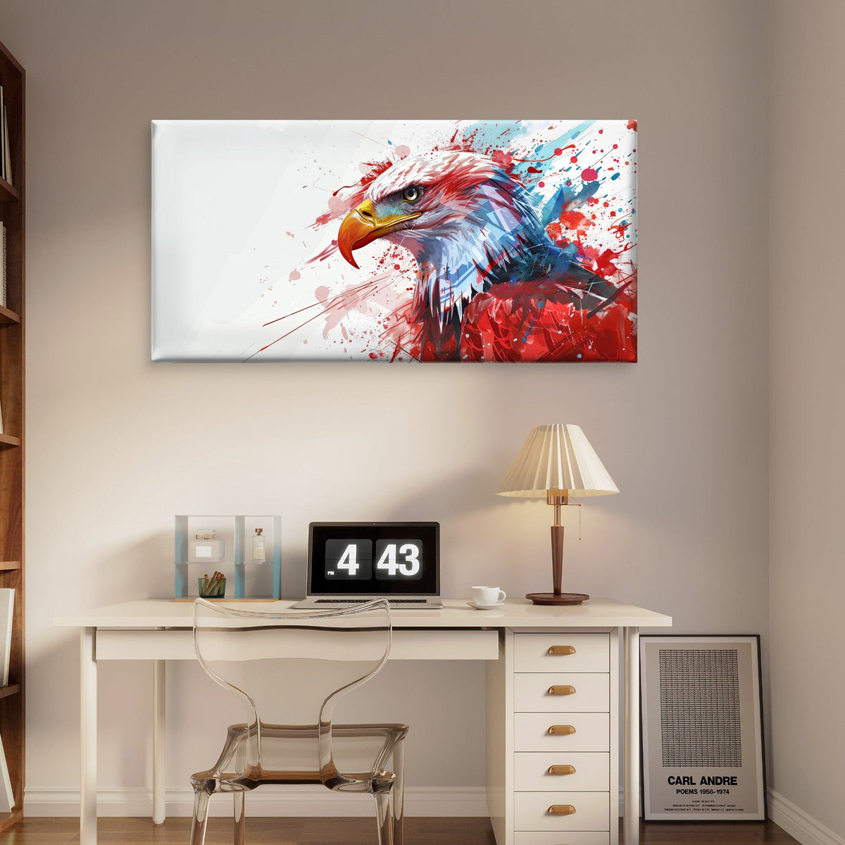 Bald Eagle Profile Splatter Wall Art Canvas Office Home Room Framed 80x45cm