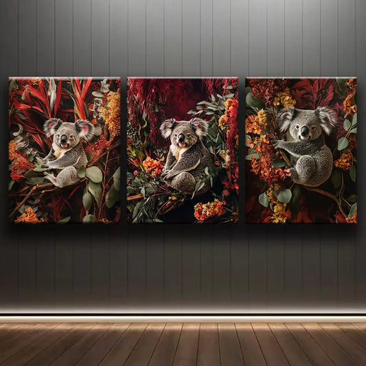 3pcs Adorable Koala Sitting on a Branch Metal Print Ready to Hang Art