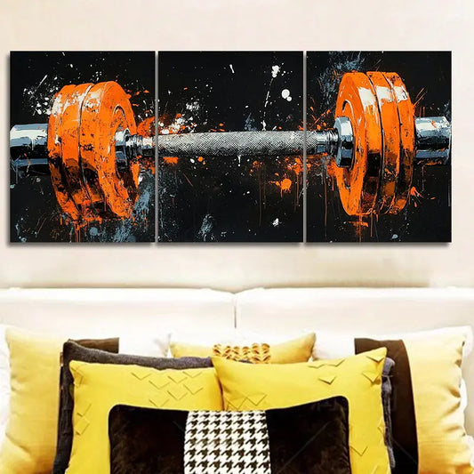 3pcs Orange Fitness Equipment Design Metal Print Ready to Hang Art