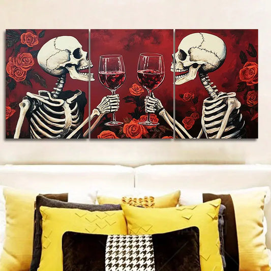 3pcs Skeleton Wine Glasses Metal Print Ready to Hang Art