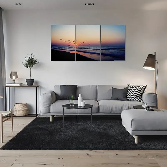3pcs Ocean Scene with Birds & Waves Sunset Metal Print Ready to Hang Art