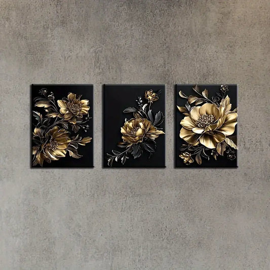 3pcs Elegant Black & Golden Big Floral Metal Print Ready to Hang Art