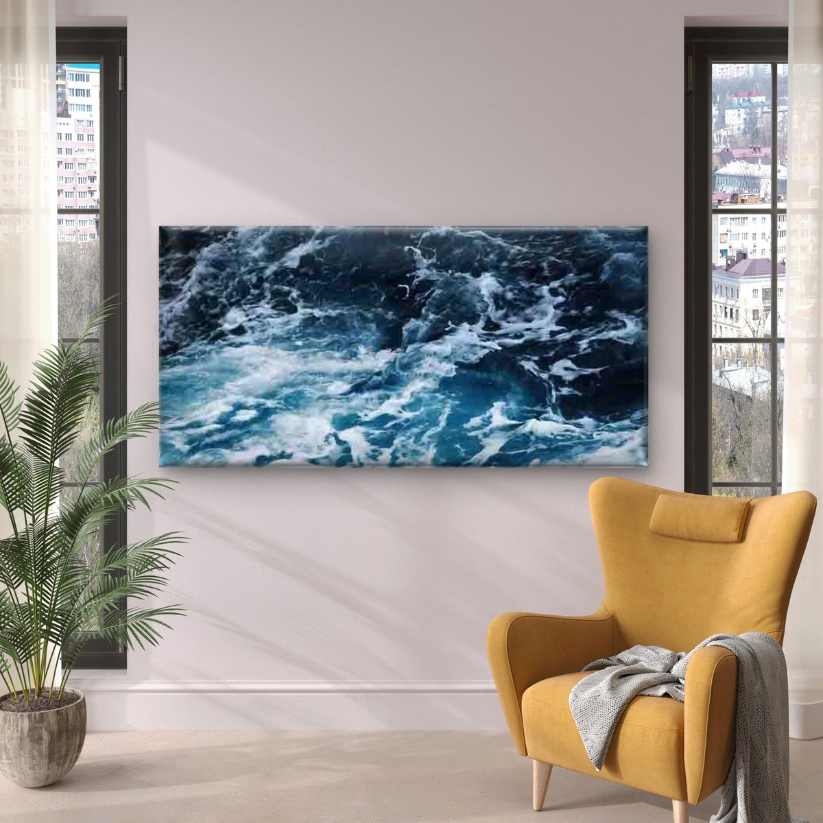 Wave And Sea Foam Pattern Wall Art Canvas Office Home Room Framed 80x45cm