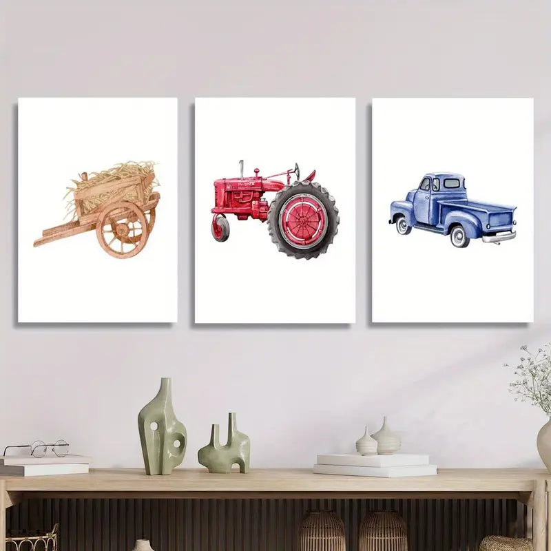 3pcs Vibrant Tractor & Truck Illustrations, Watercolor Metal Print Ready to Hang Art