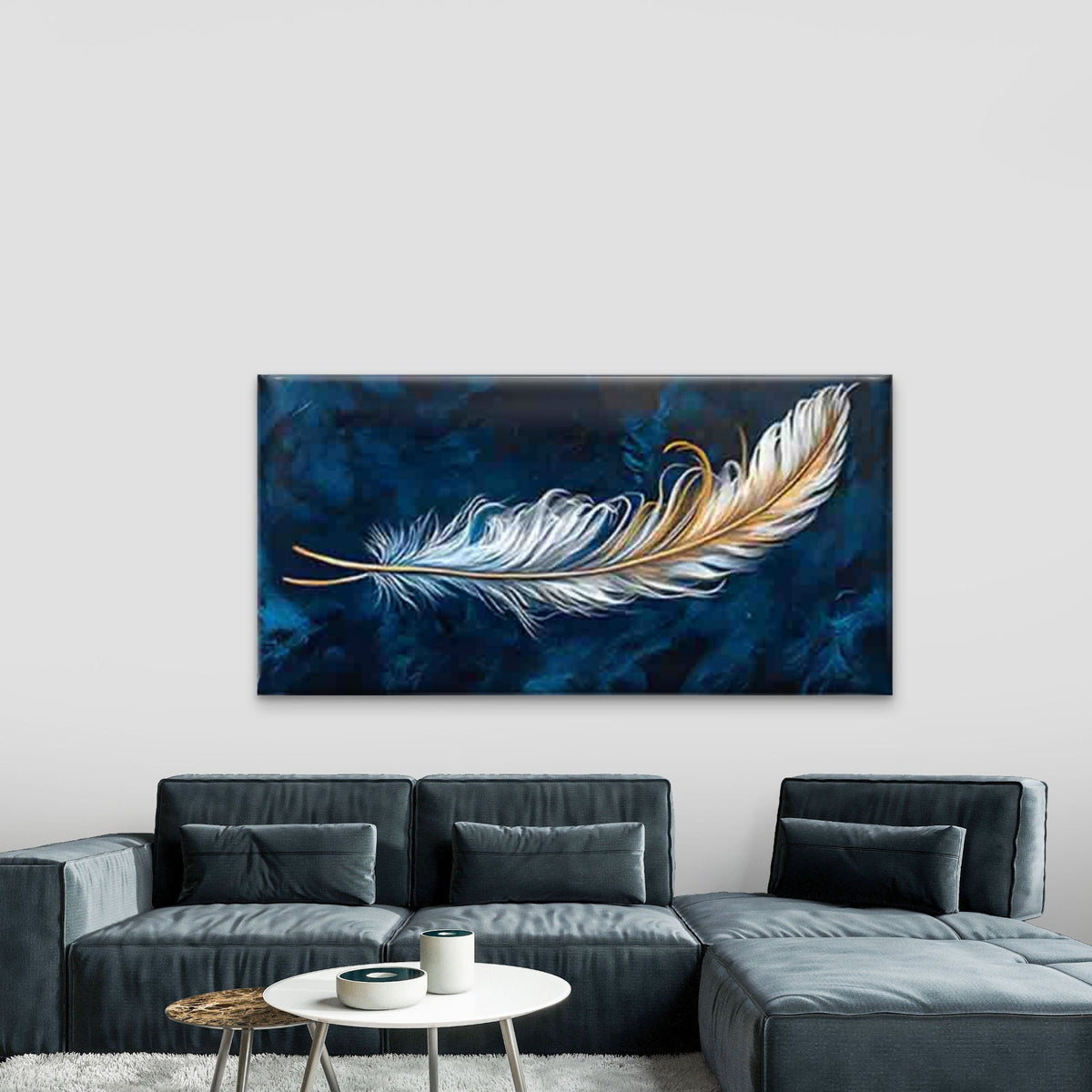 Blue-Golden Gradient Feather Wall Art Canvas Office Home Room Framed 120x60cm
