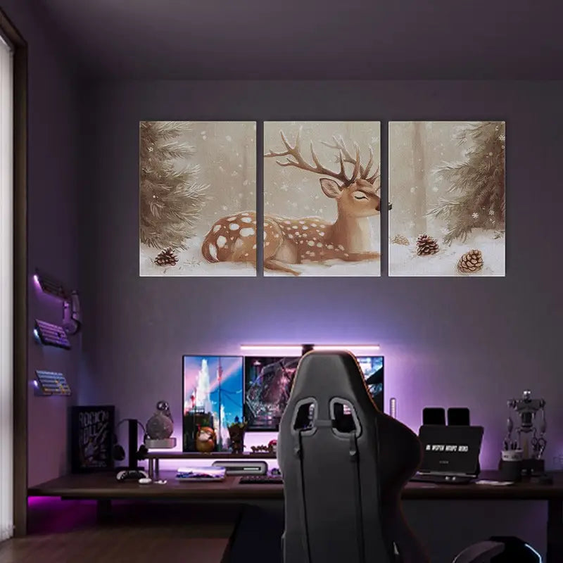 3pcs Elegant White Spotted Deer with Large Antlers, Snowy Forest Metal Print Ready to Hang Art