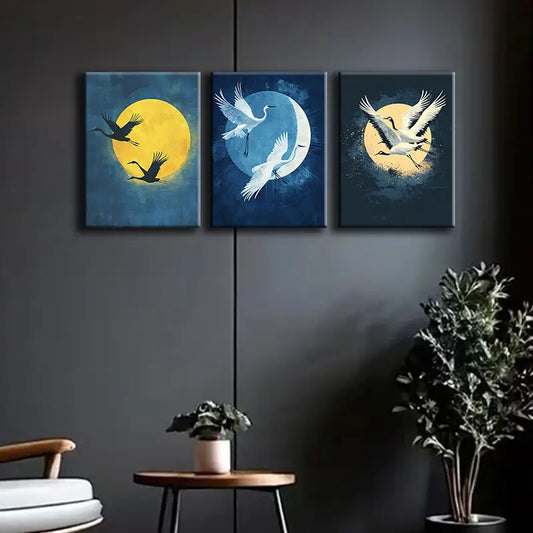 3pcs Moonlit Cranes Metal Print Ready to Hang Art