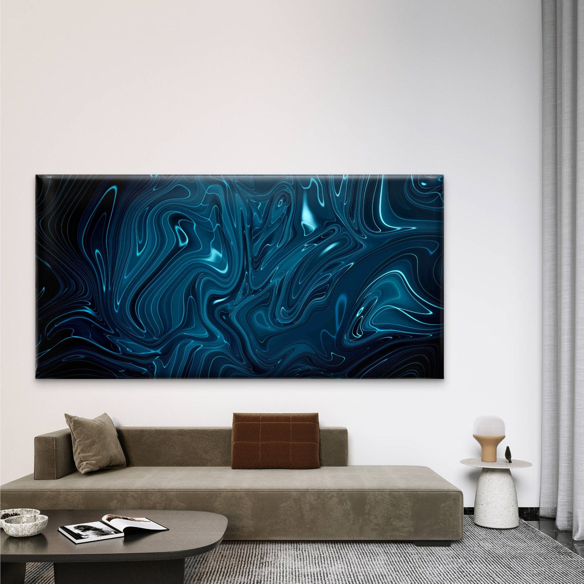 Abstract Dark Blue Liquid Wall Art Canvas Office Home Room Framed 80x45cm