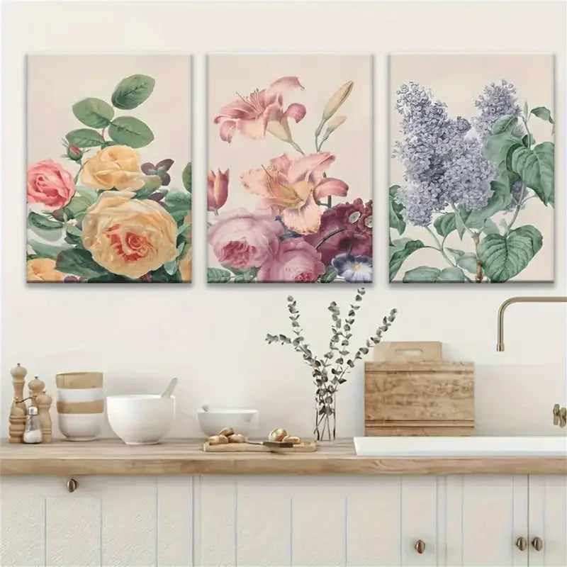 3pcs Vibrant Roses, Lilies & Hydrangeas Abstracts Metal Print Ready to Hang Art