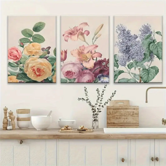 3pcs Vibrant Roses, Lilies & Hydrangeas Abstracts Metal Print Ready to Hang Art
