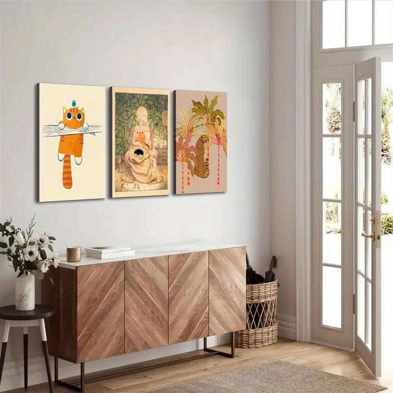 3pcs cat with a stick in its mouth, Stealthy of the Leopard Metal Print Ready to Hang Art