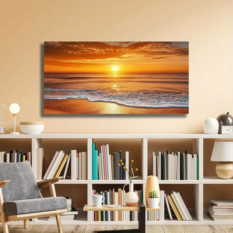 Beach Sunset Vibrant Coastal Wall Art canvas office home room framed 120x60cm