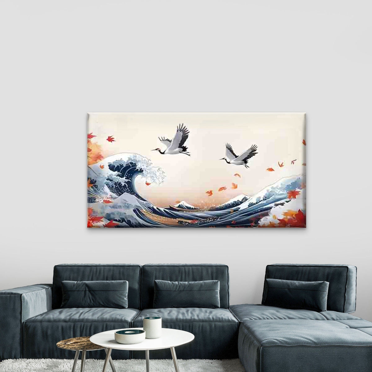 Ocean Waves, Twin Cranes Wall Art Canvas Office Home Room Framed 120x60cm