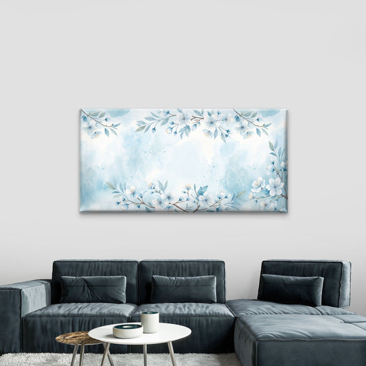 Watercolor Light Blue Floral Blossom Wall Art Canvas Office Home Framed 80x45cm