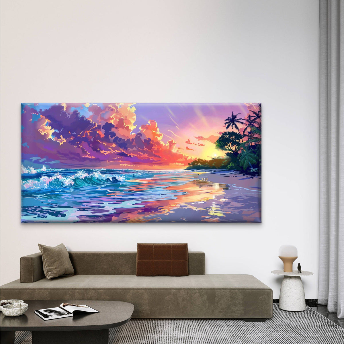 Sunset Beach Pixelated Wall Art Canvas Office Home Room Framed 80x45cm