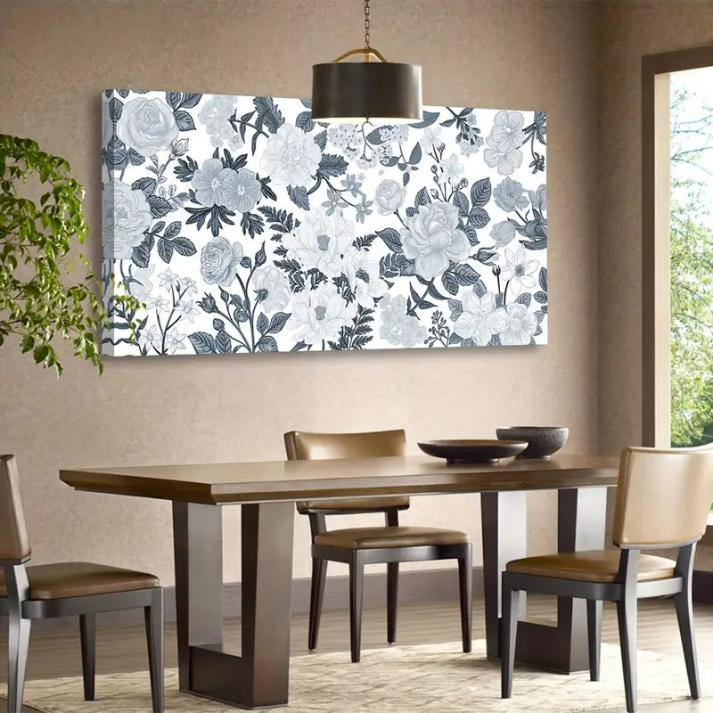 Grey & White Floral Elegant Botanical Wall Art canvas office home room framed 120x60cm