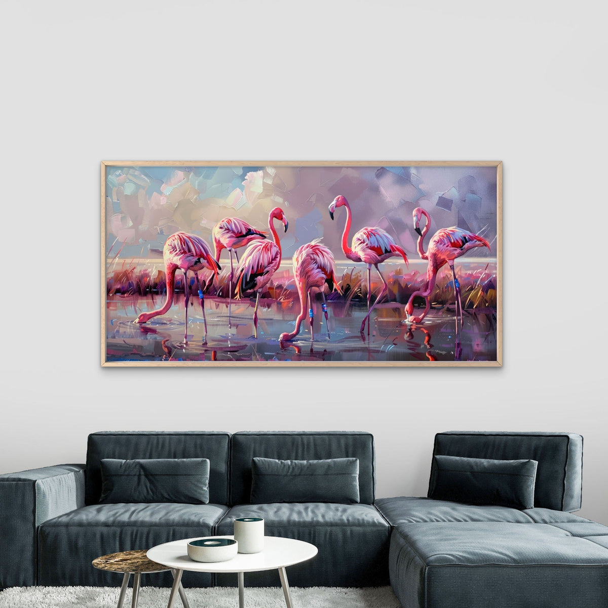 Pink Flamingos In Water Wall Art Canvas Office Home Room Framed 120x60cm