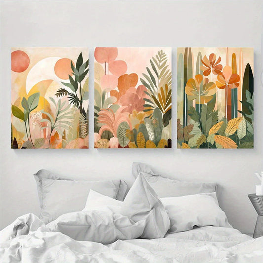 3pcs Tropical Jungle Earth Tones - Botanical Abstract Boho Metal Print Ready to Hang Art