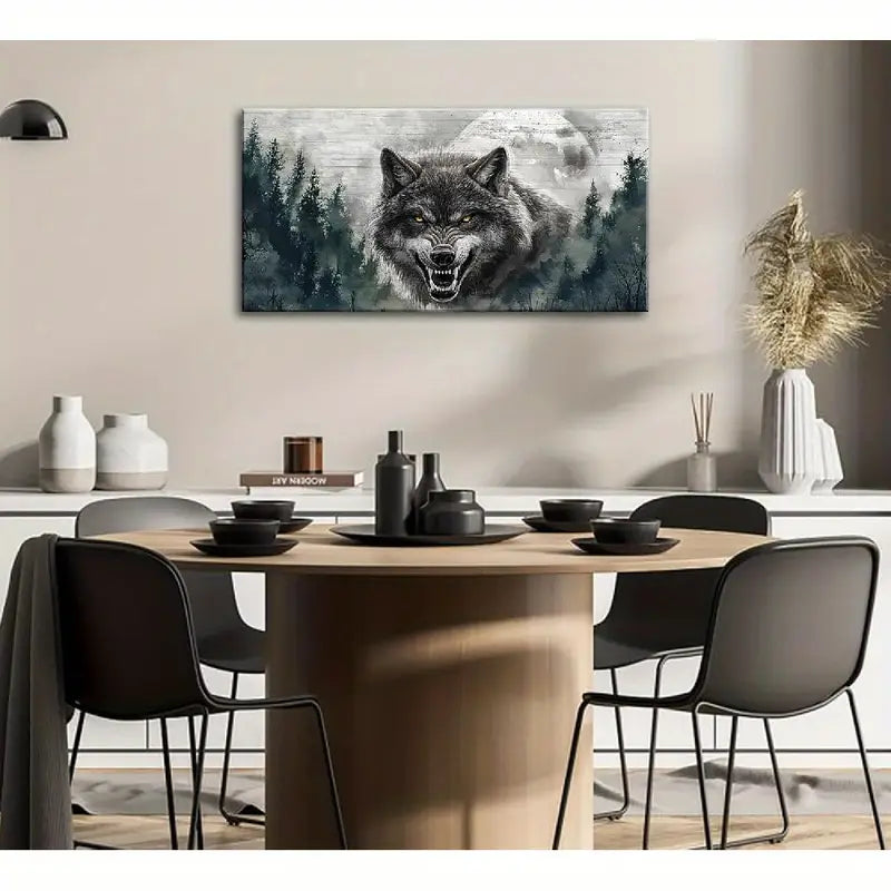 Fierce Wolf Snowy Mountain & Pine Forest Scene Wall Art canvas office home room framed 80x45cm