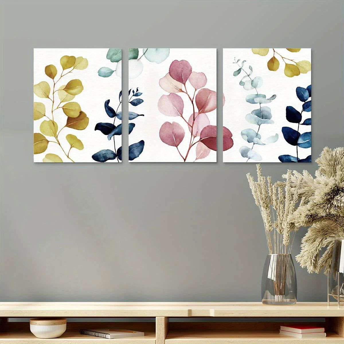 3pcs Vibrant Pink, Blue, and Green Floral Eucalyptus Leaf Metal Print Ready to Hang Art