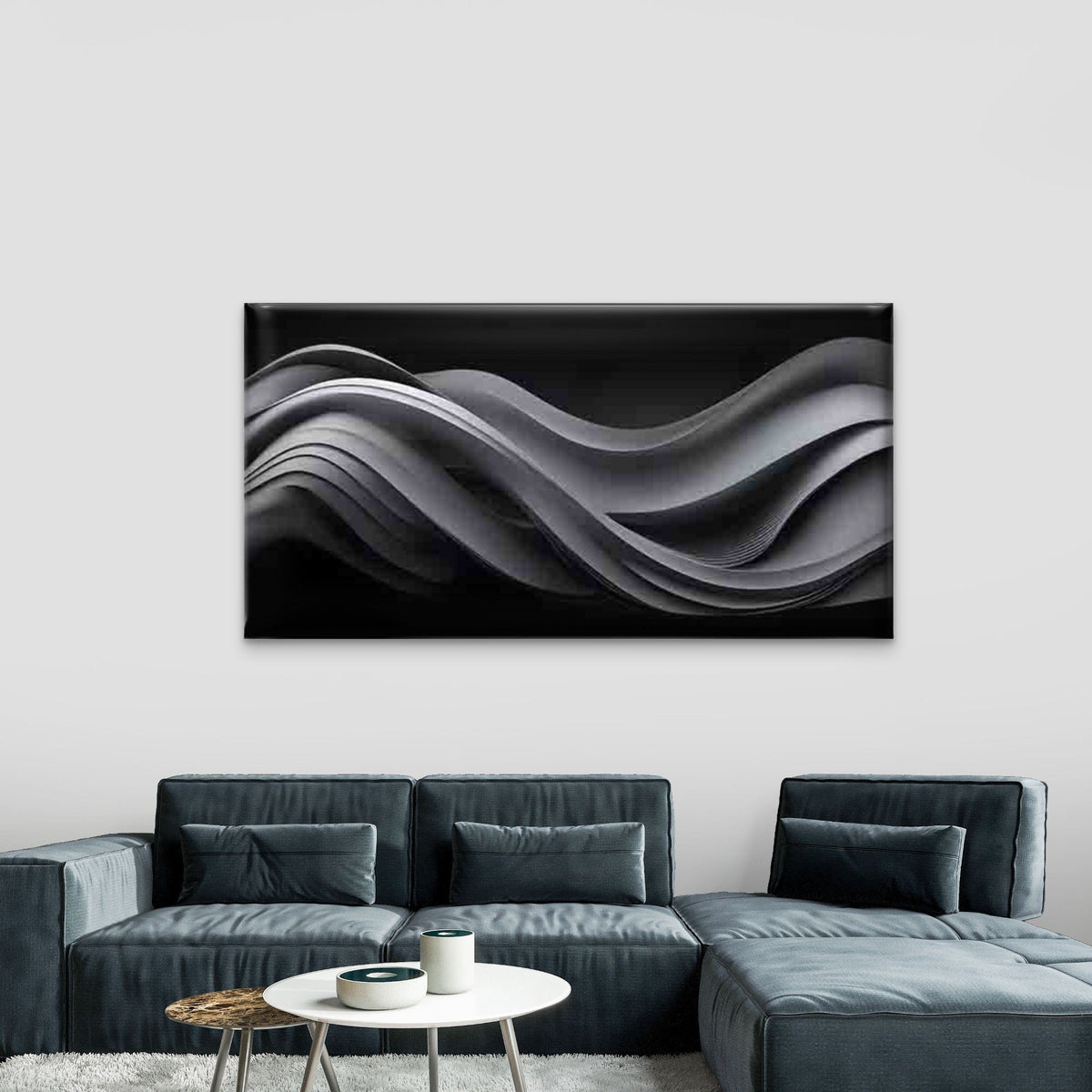 Abstract Wave Forms in Monochrome Wall Art Canvas Office Home Room Framed 80x45cm