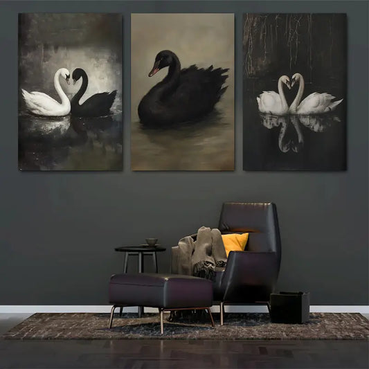 3pcs Romantic Black & White Swan Illustrations, Nature Metal Print Ready to Hang Art