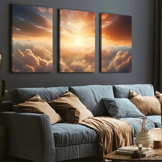 3pcs Modern Sky Cloud Golden Sunrise Wall Art Set Canvas Framed 40x60cm - High Quality Print 100% Australian Made Wall Canvas Ready to Hang