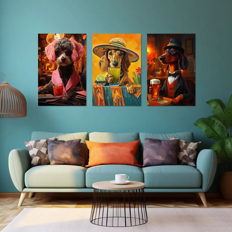 3pcs Stylish Dogs with Drinks Fun Outfits with Roostertails Metal Print Ready to Hang Art