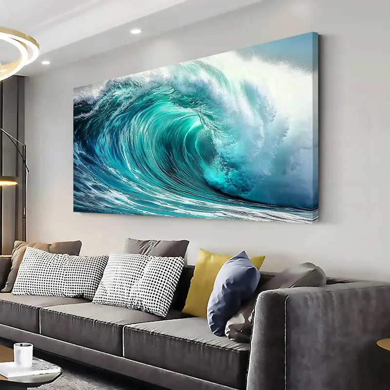 Beach Blue & White Waves wall canvas office home room framed 120x60cm