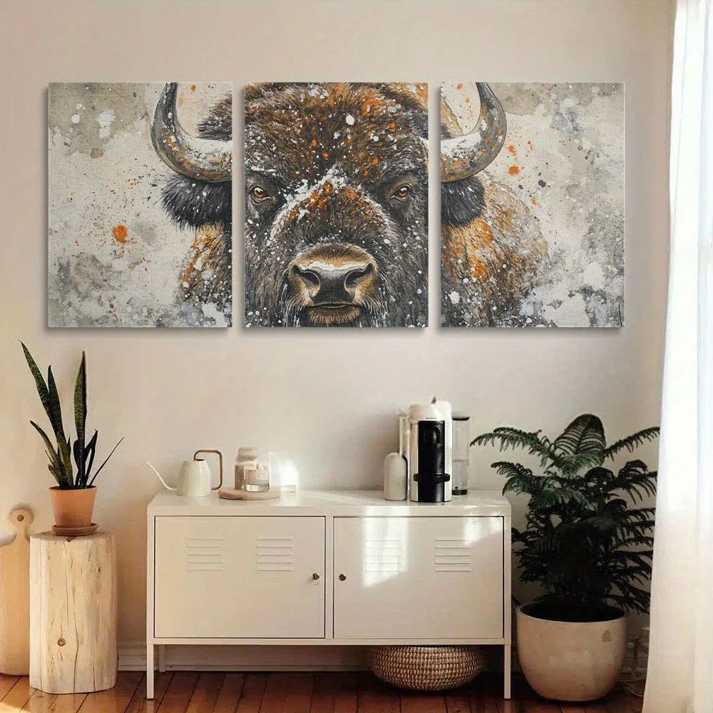3pcs Watercolor Painting of an Angry Bison Metal Print Ready to Hang Art