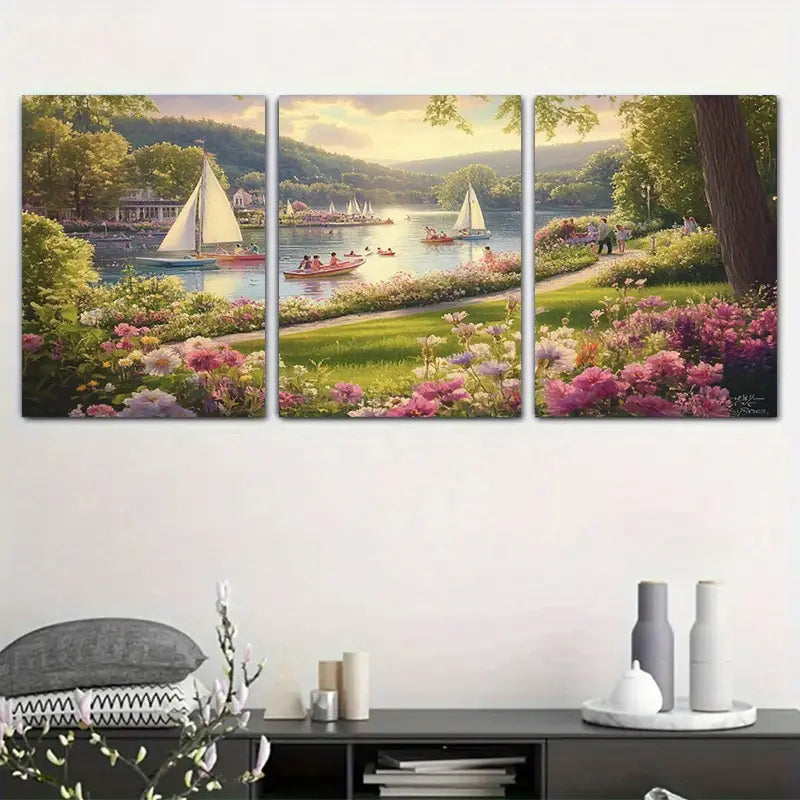 3pcs Sailboats and Floral Seascape, Poetic Nature Metal Print Ready to Hang Art