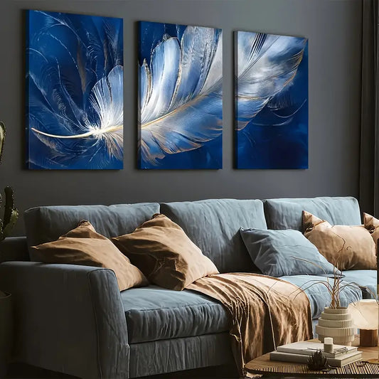 3pcs Ready to Hanging, Art Style Modern Fashion Feather Royal Blue Wall Art Set Canvas Framed 40x60cm - High Quality Print 100% Australian Made Wall Canvas Ready to Hang