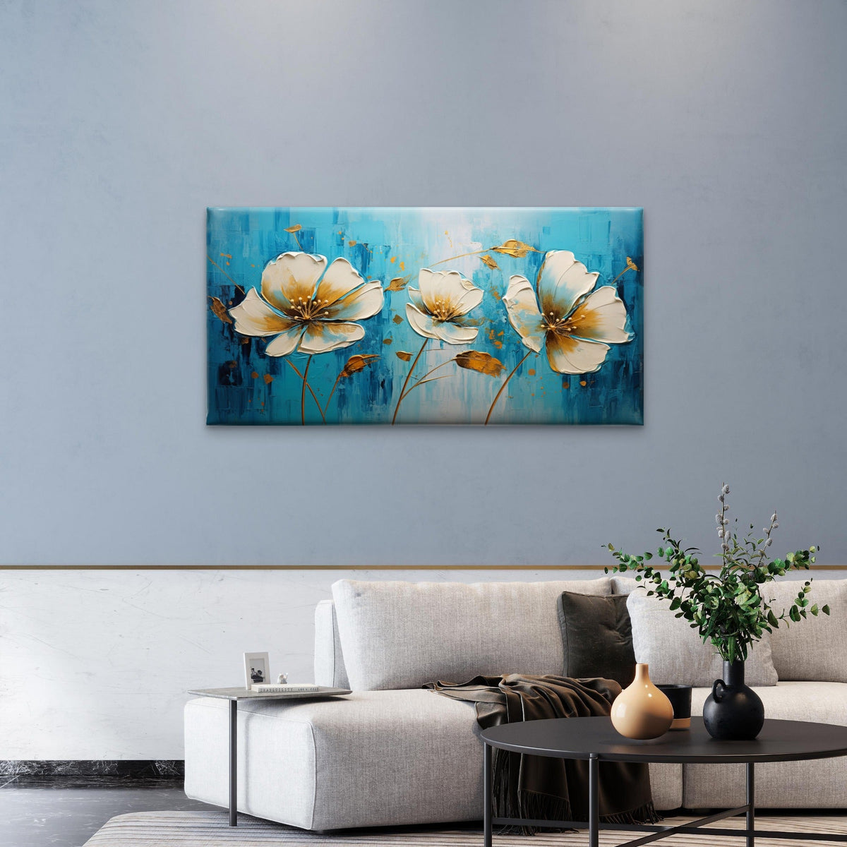 Modern Blue Gold White Blossom Wall Art Canvas Office Home Framed 80x45cm