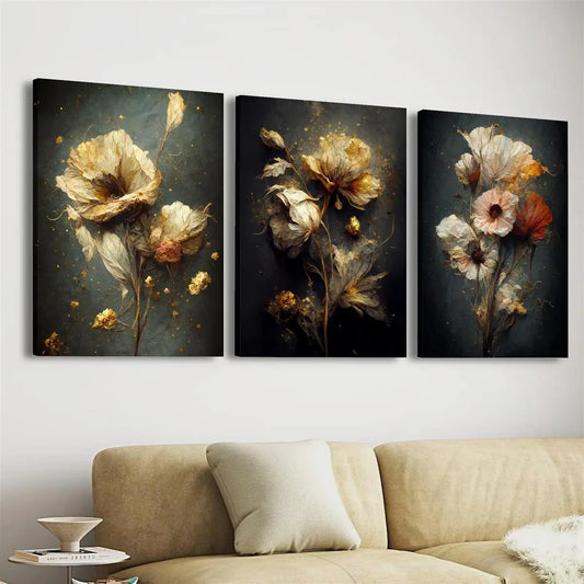 3pcs Vintage Botanical Dried Flower Abstract Bouquet Metal Print Ready to Hang Art