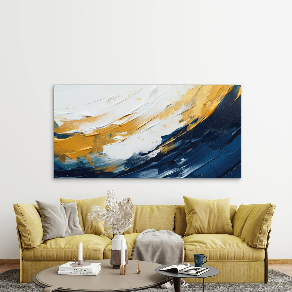 Ocean Waves Of Gold Wall Art Canvas Office Home Room Framed 80x45cm