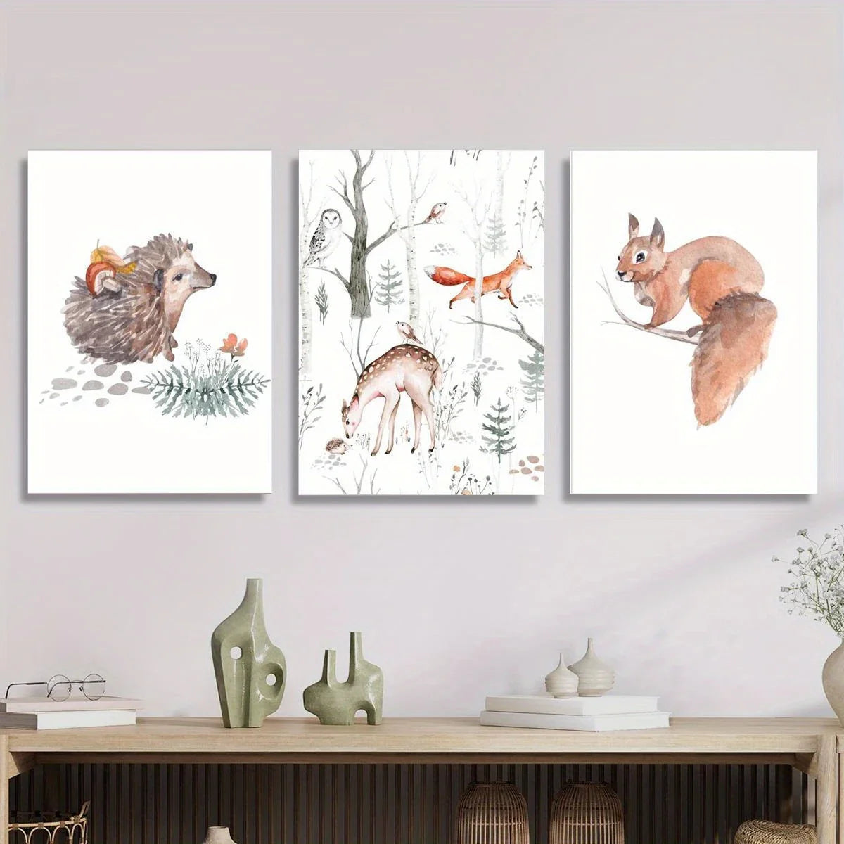 3pcs Watercolor Forest Animals Hedgehog, Squirrel & Deer Metal Print Ready to Hang Art