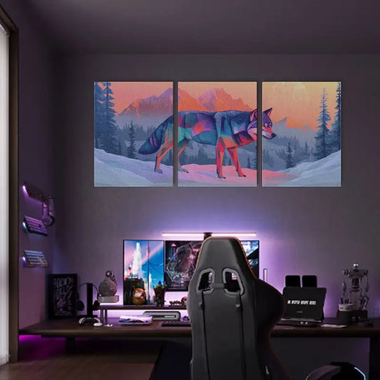 3pcs Colorful Wolf in Winter Vibrant Painting Metal Print Ready to Hang Art