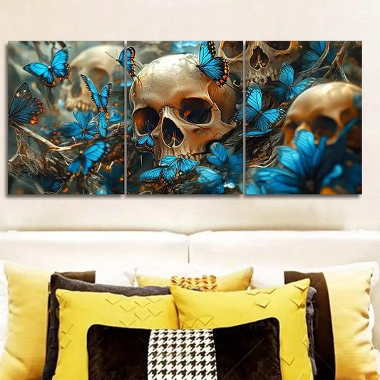 3pcs Skulls and blue flowers with butterflies Metal Print Ready to Hang Art