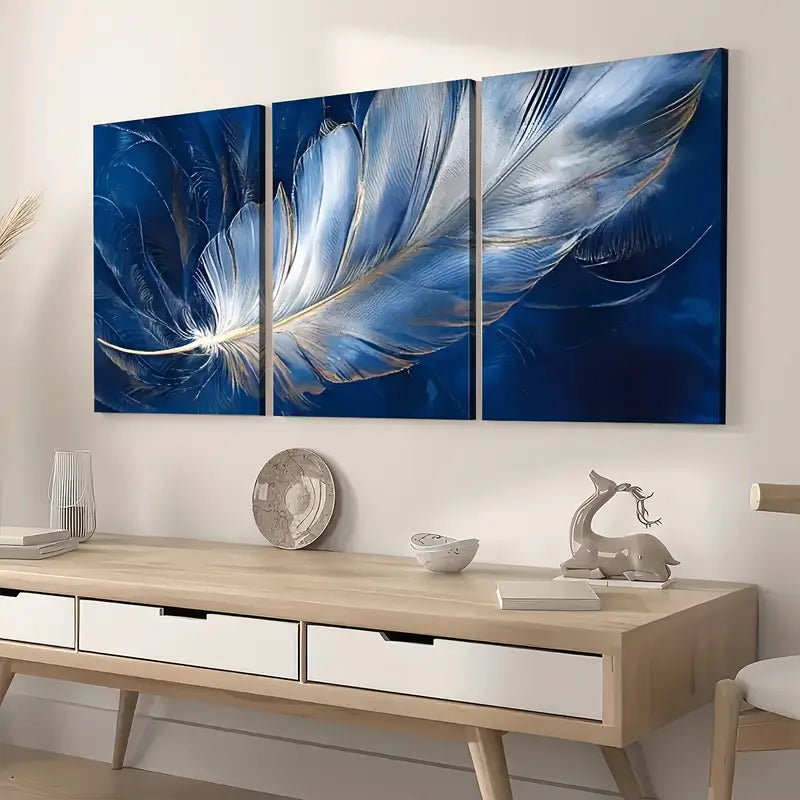 3pcs Ready to Hanging, Art Style Modern Fashion Feather Royal Blue Wall Art Set Canvas Framed 40x60cm - High Quality Print 100% Australian Made Wall Canvas Ready to Hang