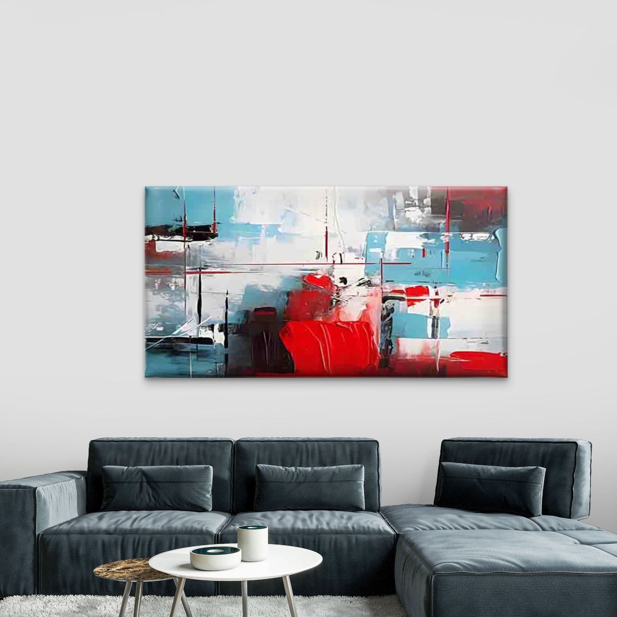 Red, Blue, and White Abstract Wall Art Canvas Office Home Room Framed 80x45cm