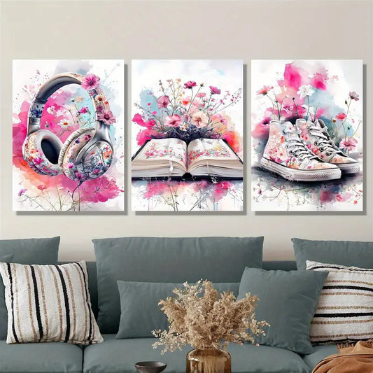 3pcs Pink Preppy Headphones, Book & Shoe Design Metal Print Ready to Hang Art
