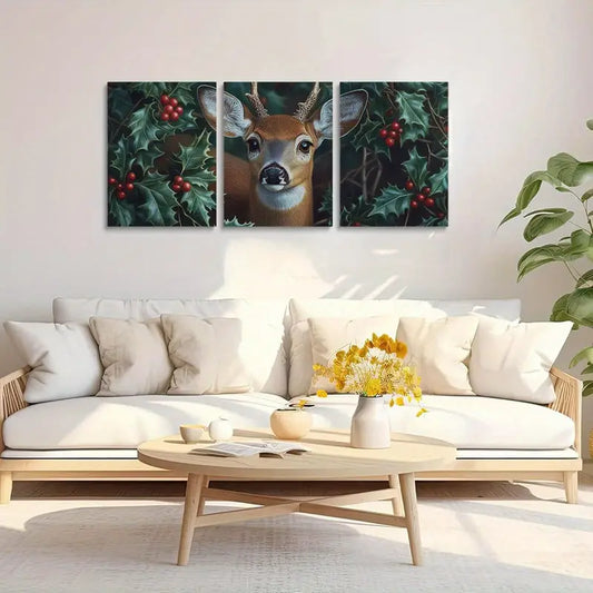 3pcs Deer White-tailed in Forest, Red Friuts Metal Print Ready to Hang Art