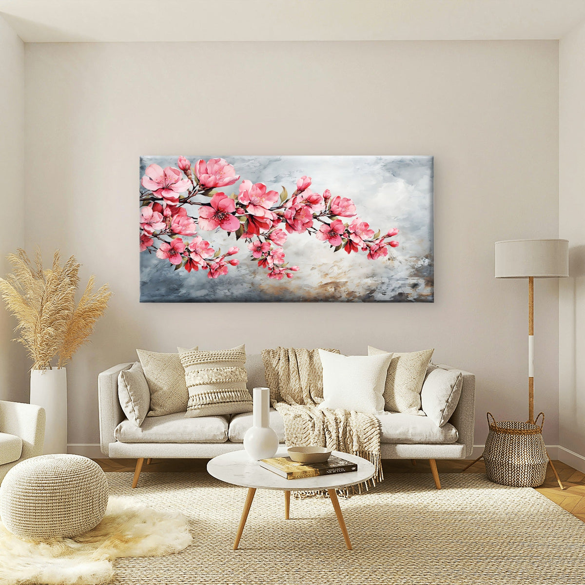 Pink Cherry Blossom Sakura Branch Wall Art Canvas Office Home Framed 120x60cm