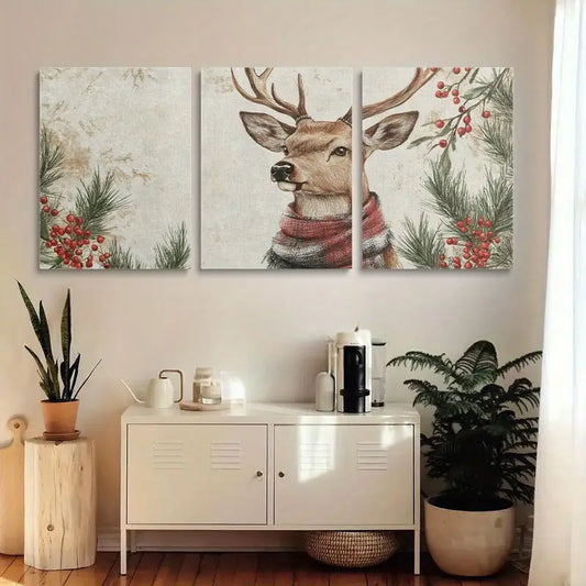 3pcs Winter Scene & Scarf Design Classic Deer Metal Print Ready to Hang Art