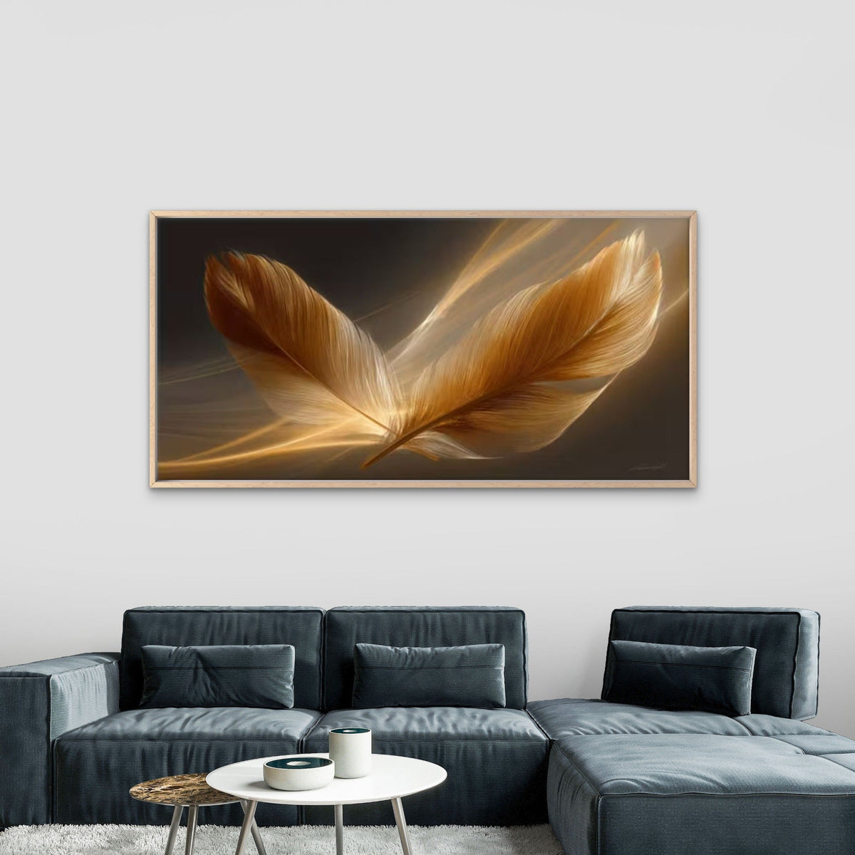 Golden & Brow Feather Wall Art Canvas Office Home Room Framed 80x45cm