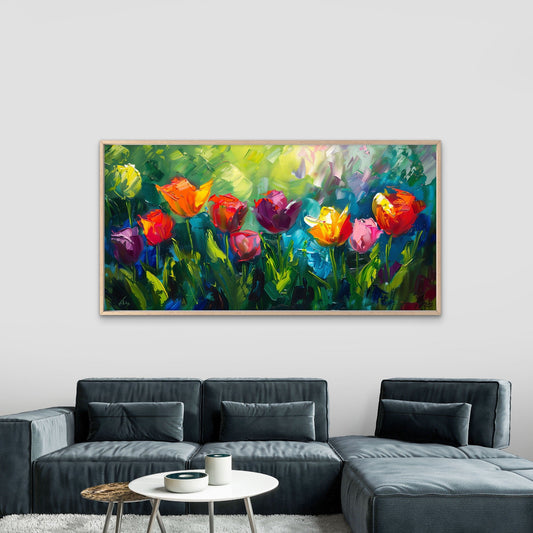 Vibrant Floral Field Scene Wall Art Canvas Office Home Room Framed 80x45cm
