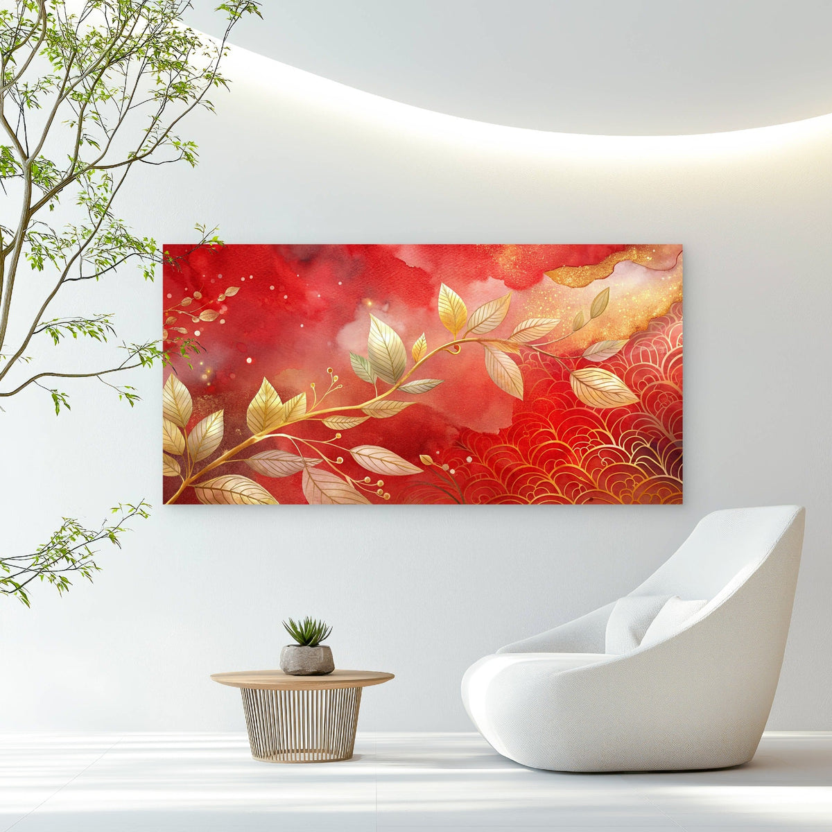 Golden Leaves Red Sky Wall Art Canvas Office Home Room Framed 80x45cm