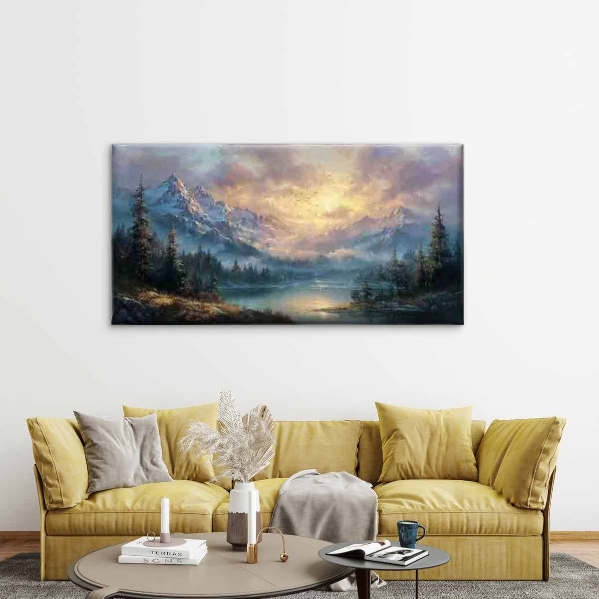 Tranquil Landscape with Mountai Wall Art Canvas Office Home Room Framed 80x45cm