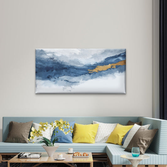 Abstract Nordic Blue Gold Sky Clouds Wall Art Canvas Office Home Framed 80x45cm